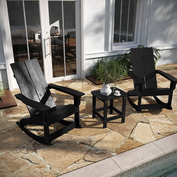 2 Modern Dual Slat Poly Resin Adirondack Rocking Chairs with Side Table