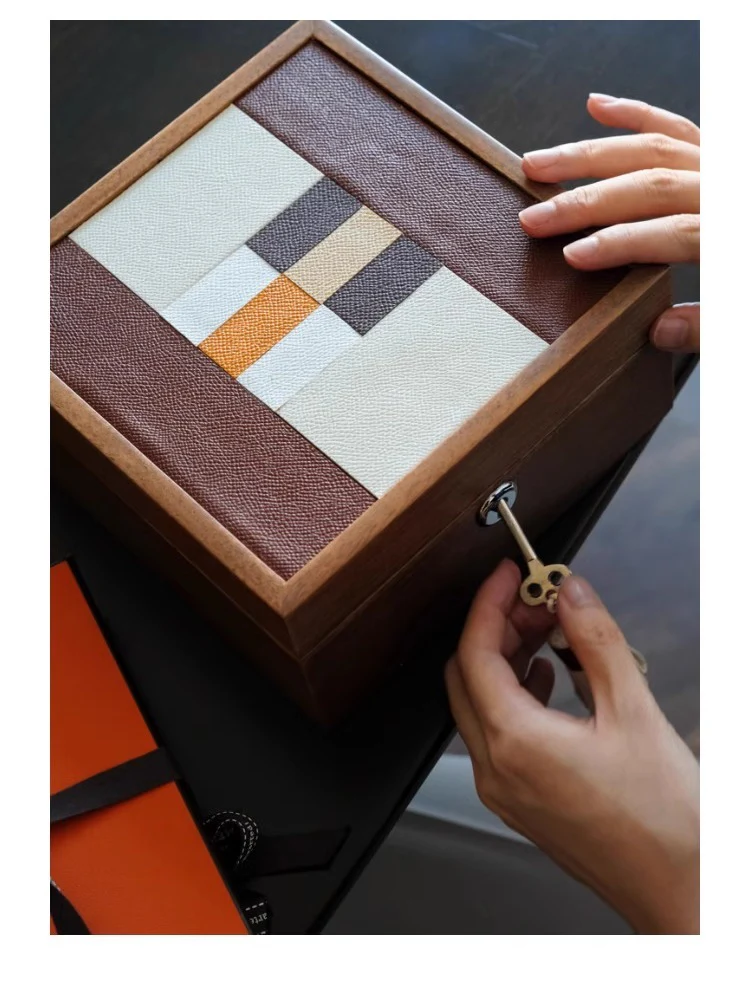DC170 (Set) - HERME* Wood / Top layer leather patchwork makeup mirror large-capacity jewelry box ear stud storage box
