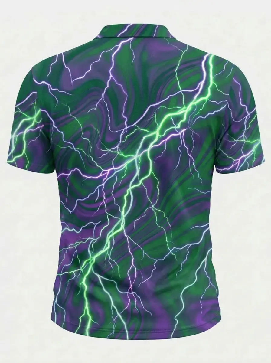 Moisture Wicking Golf Polo 3D Green Purple Lightning Print Button Short Sleeve Golf Polo Shirt