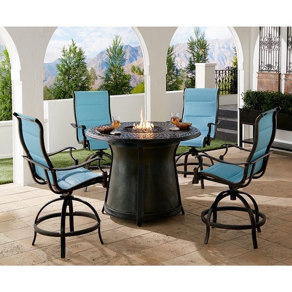 Hanover Traditions 5Piece HighDining Set in Blue with 4 Padded CounterHeight Swivel Chairs and 40,000 BTU Fire Pit Table