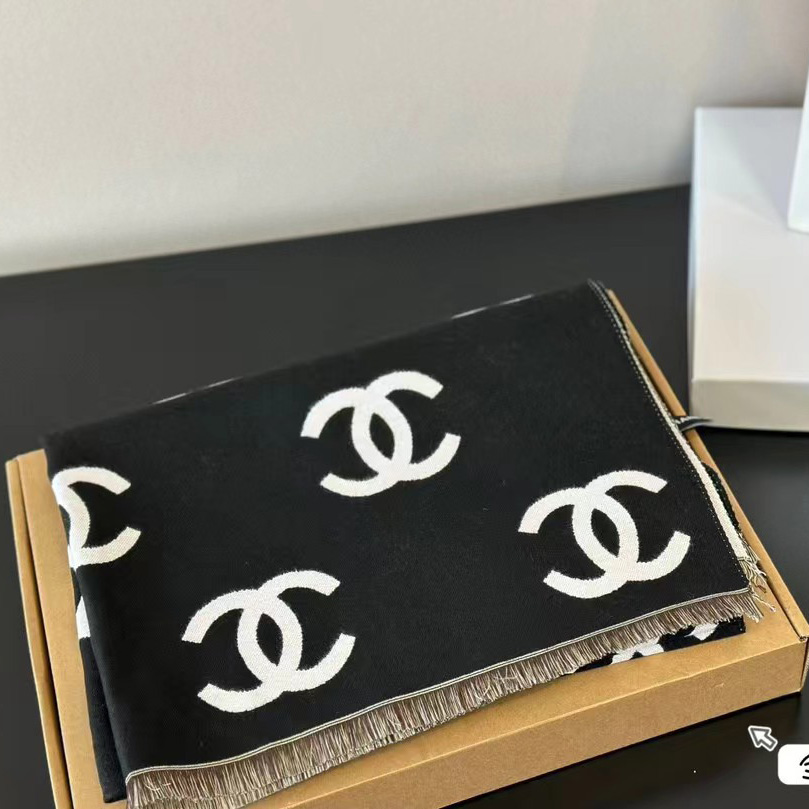Chanel Black & White CC Logo Wool Blend Scarf - cnluxepick