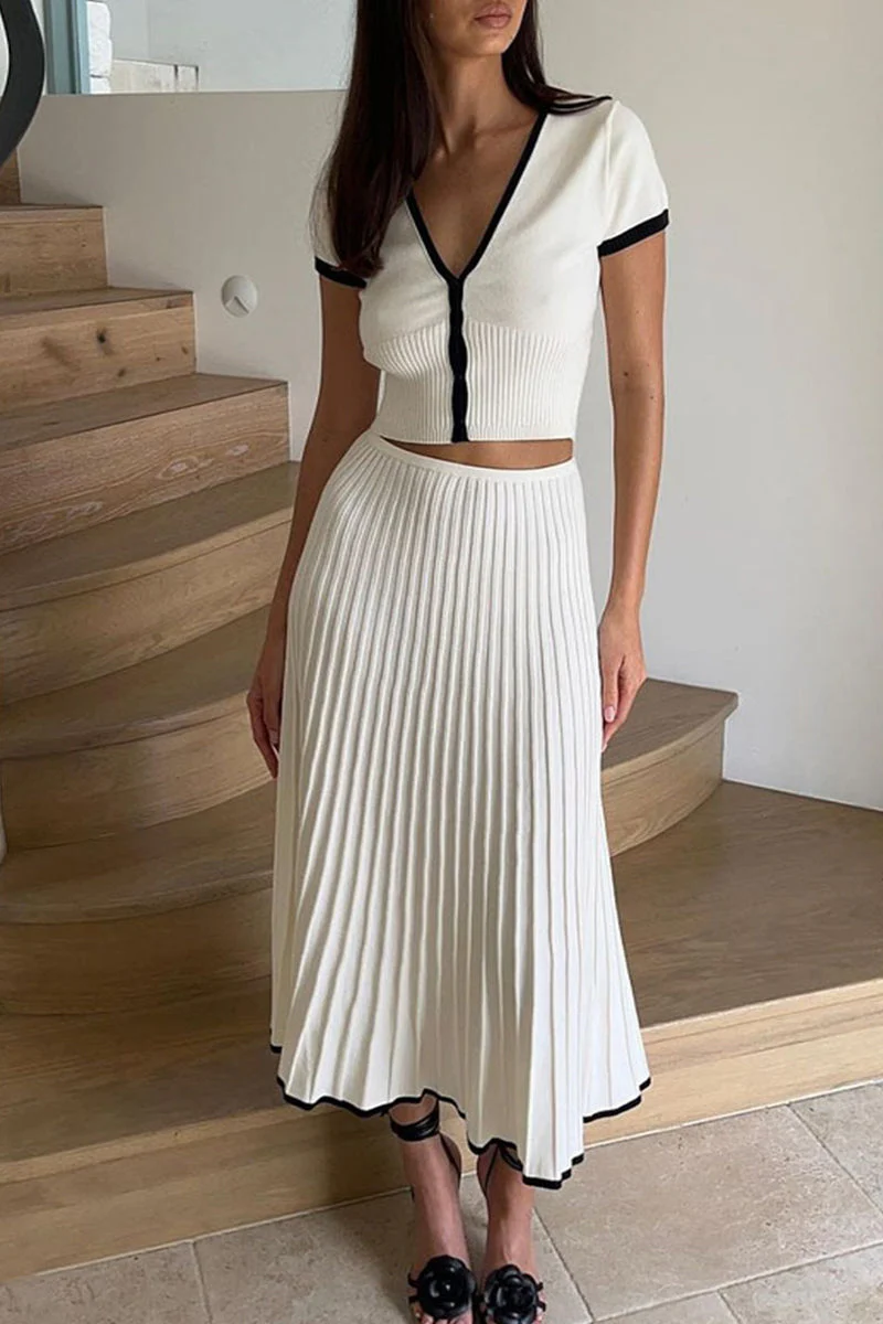 Pleated Midi Skirt Set V-Neck Cropped TopClistos