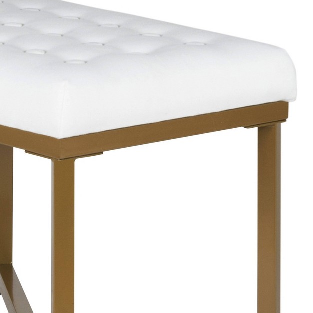 Metal Framed Bench With Button Tufted Velvet Upholste Seat White gold Benzara