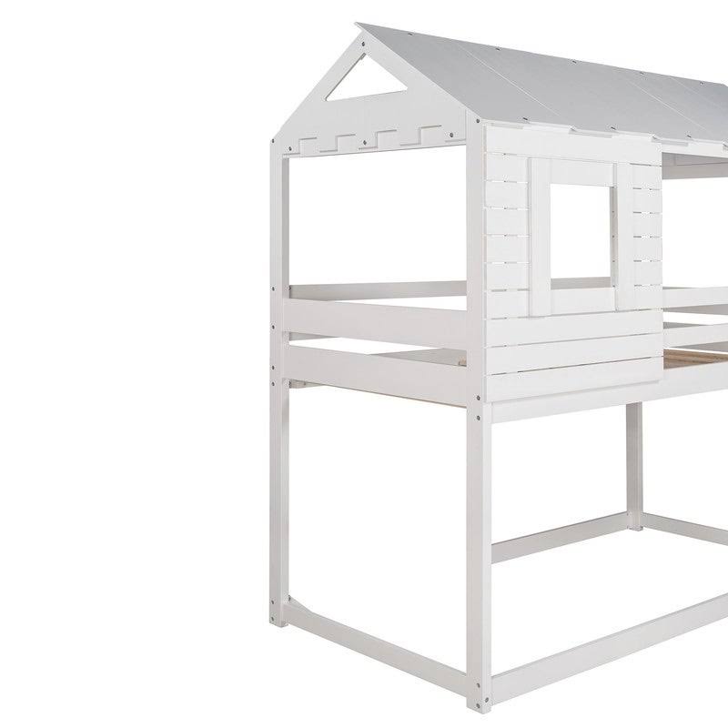 [Pre-Sale]Twin Over Twin Solid Wood Loft Bed,Bunk Bed with Roof,Window,Guardrail and Ladder - Antique White