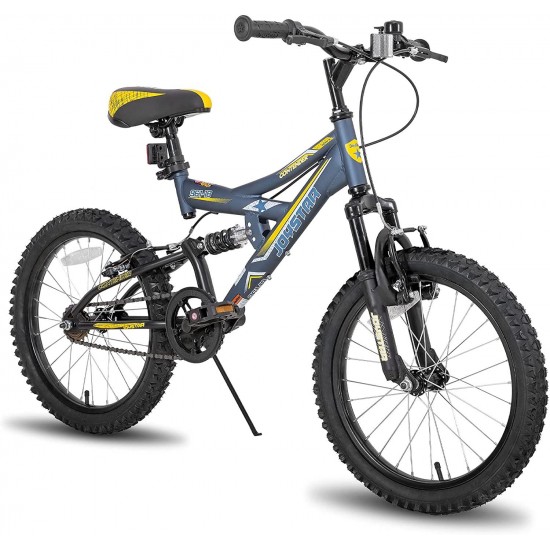 Contender 18 & 20 Inch Kids Mountain Bike for Boys & Girls Featuring Small Steel Full Dual-Suspension Frame and 1-Speed Drivetrain with Kickstand Included