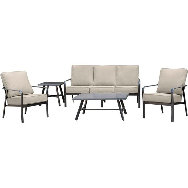 Hanover Cortino 5Piece CommercialGrade Patio Seating Set with 2 Cushioned Club Chairs,Sofa,and Coffee and Side Table