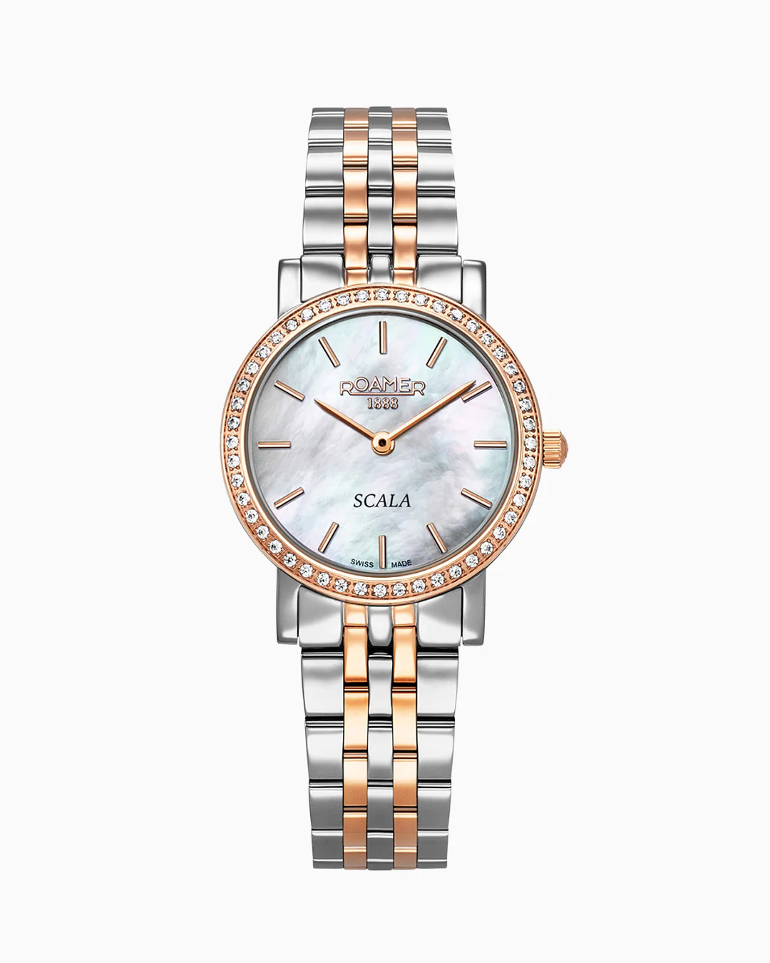 Scala 28 mm Quartz Two-Hand White Mop Dial Rose Gold-Silver Tone Bracelet Sapphire glass Stainless Steel swiss watch