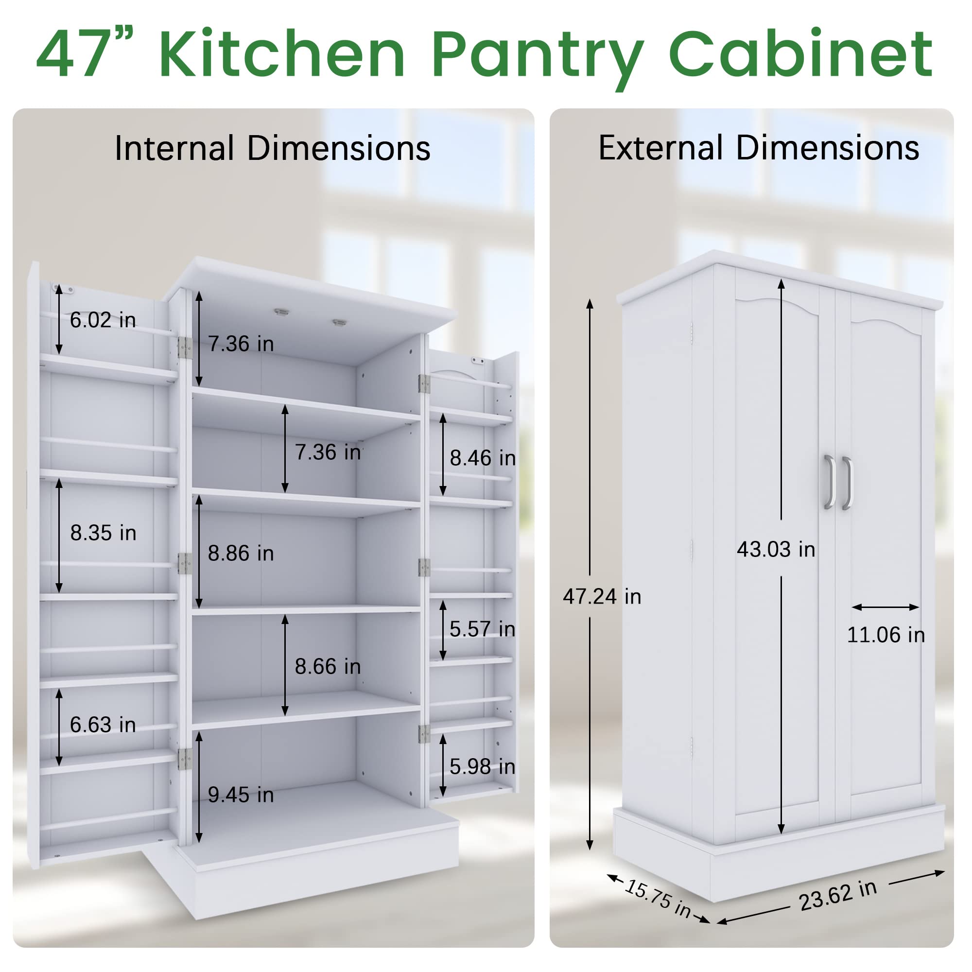 Jehiatek 47u201d Kitchen Pantry Cabinet, White Freestanding Buffet Cupboards Sideboard with Doors & Adjustable Shelves, Kitchen Pantry Storage Cabinet for Kitchen, Living Room and Dinning Room
