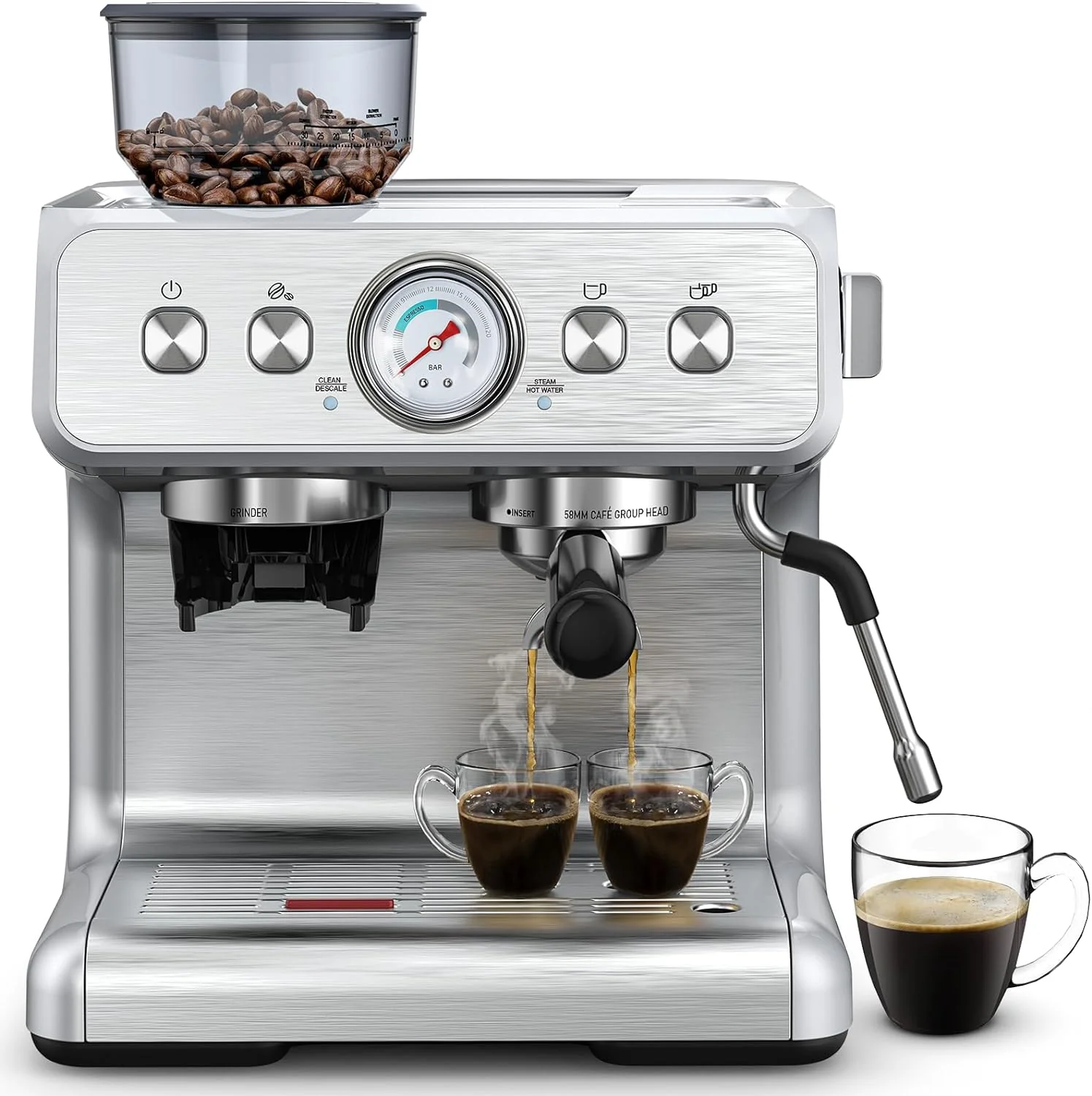 Espresso Machine 15 Bar, Semi-Automatic Coffee Maker with Bean Grinder and Milk Frother Steam Wand CM8050