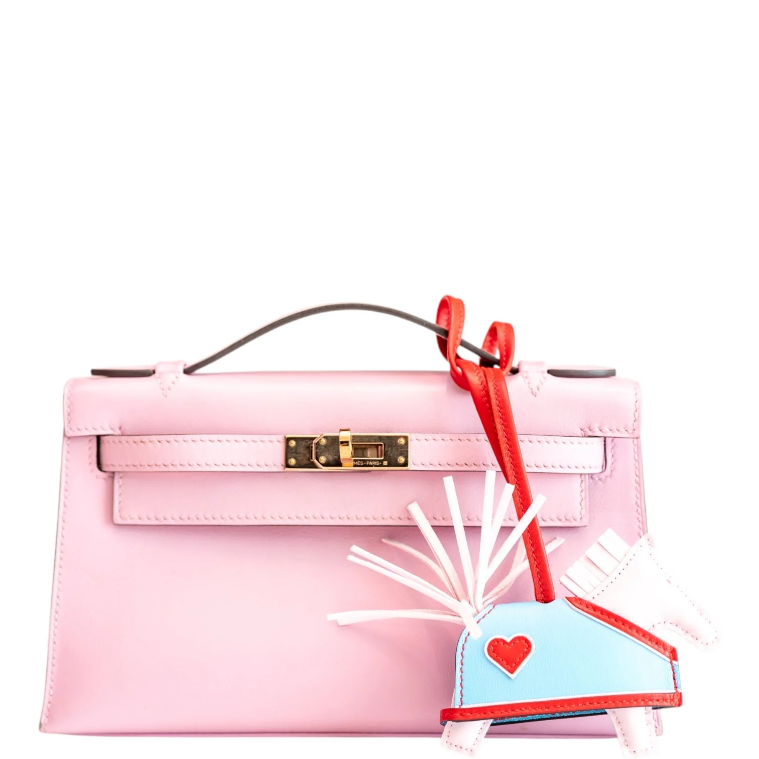 Hermès Rodeo Coeur PM Charm Rose Darling/Rouge Radieux/Celeste Lambskin