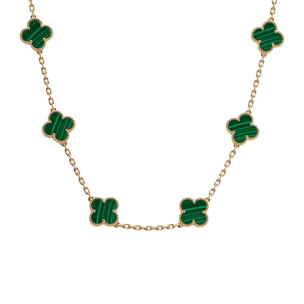Van Cleef & Arpels Vintage Alhambra 10 Motifs Necklace 18K Yellow Gold Malachite VCARO3QJ00