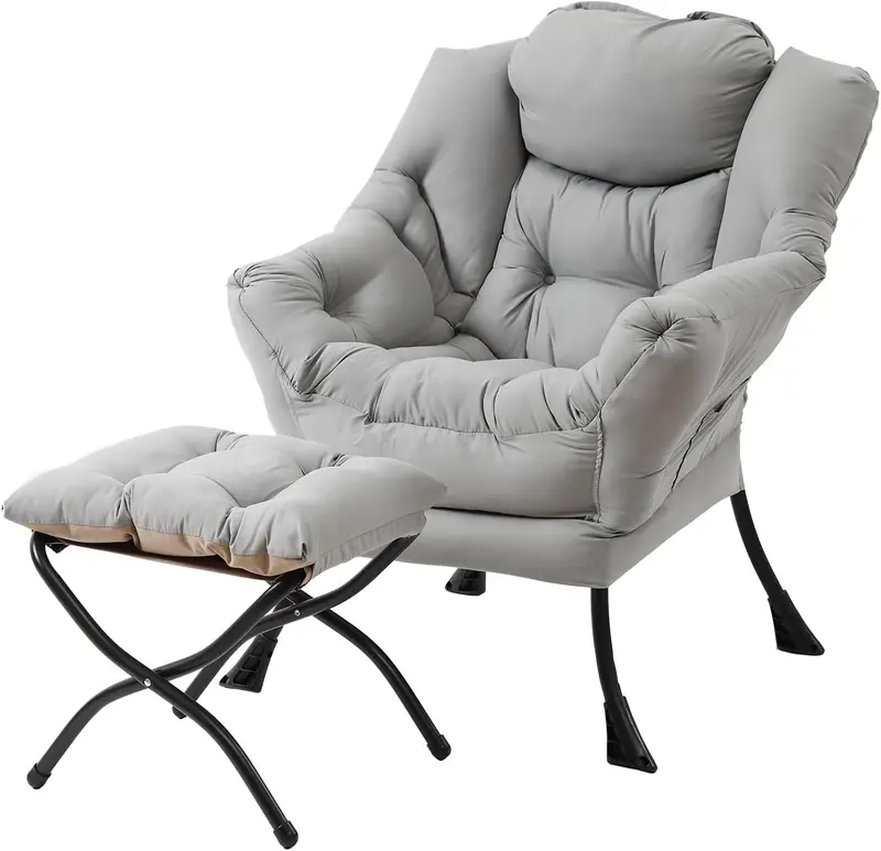 Welnow Modern Lazy Chair with Ottoman – Compact Accent Armchair Featuring Side Pocket and Footrest