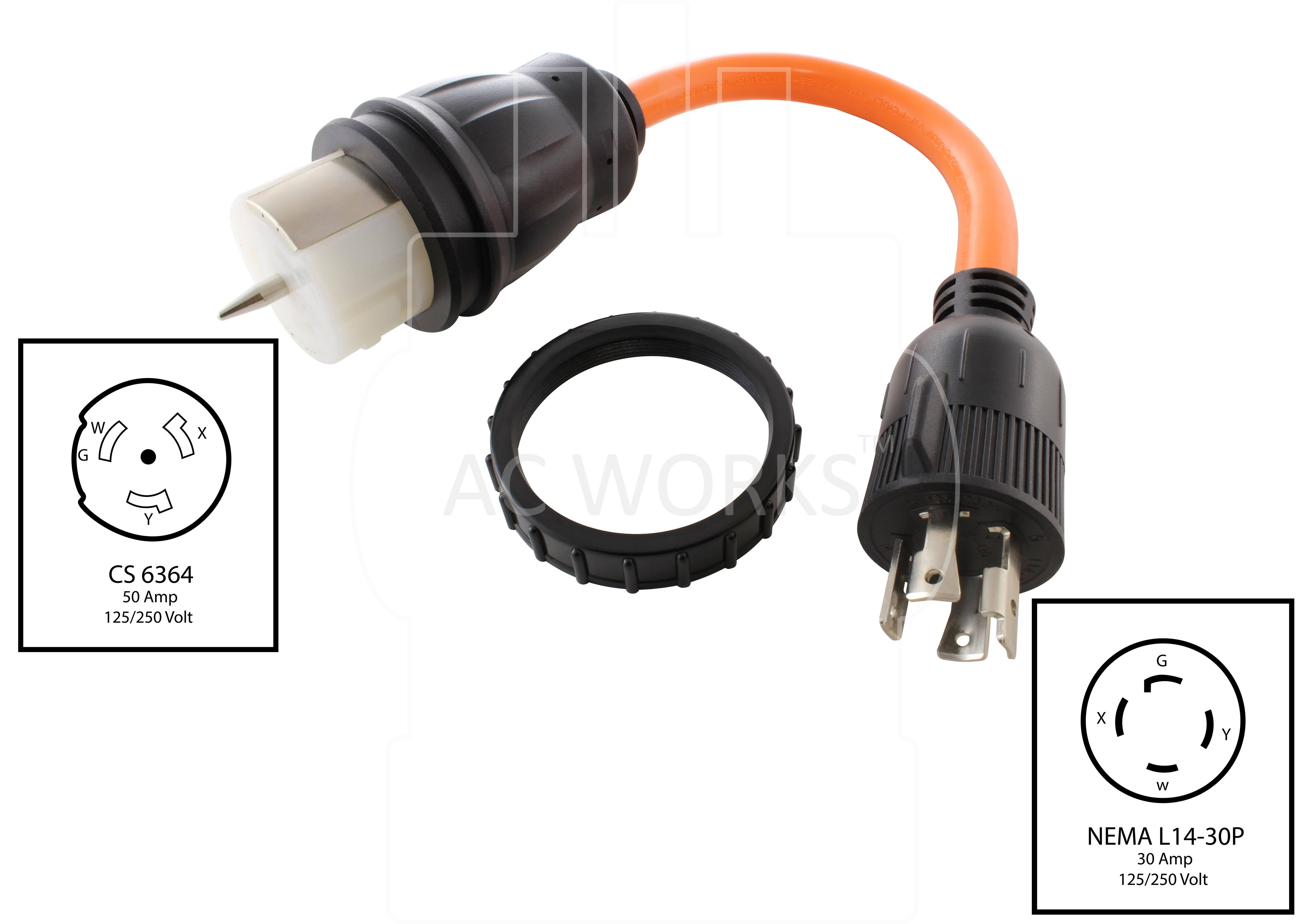 AC Works 1.5ft TRANSFER Switch L14-30P 4-Prong Locking to CS6364 50A