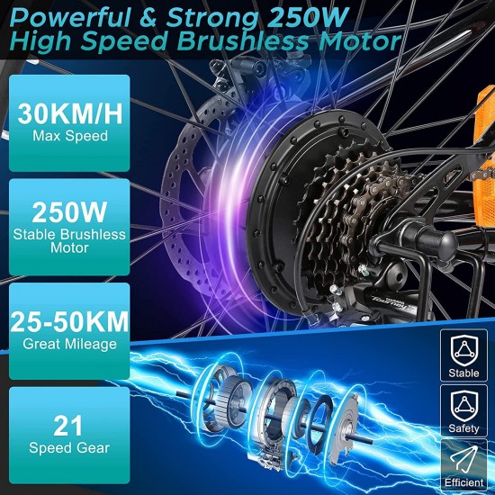 26 inch Folding Electric Mountain Bike for Adults Commuting Electric Bike with 36V 8AH Lithium-Ion Battery 250W Motor 21 Speed Gear & 3 Working Mode Electric Bike E-Bike