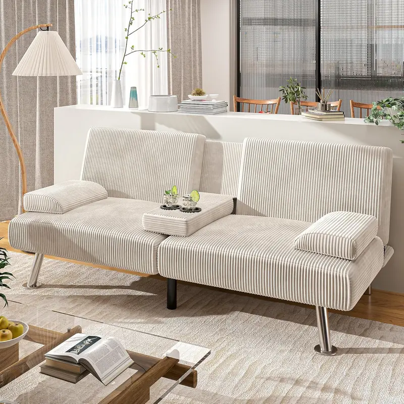Shahoo Linen Upholstered Folding Futon – Modern Sofa Bed with Detachable Armrests