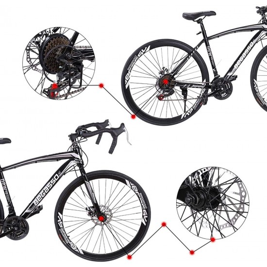 Aluminum Road Bike, 21 Speed Disc Brakes Aluminum Frame Road Bicycles Full Suspension Road Bike, 700c Dual Disk Brake Quick Release Racing Bicycles (White/Black)