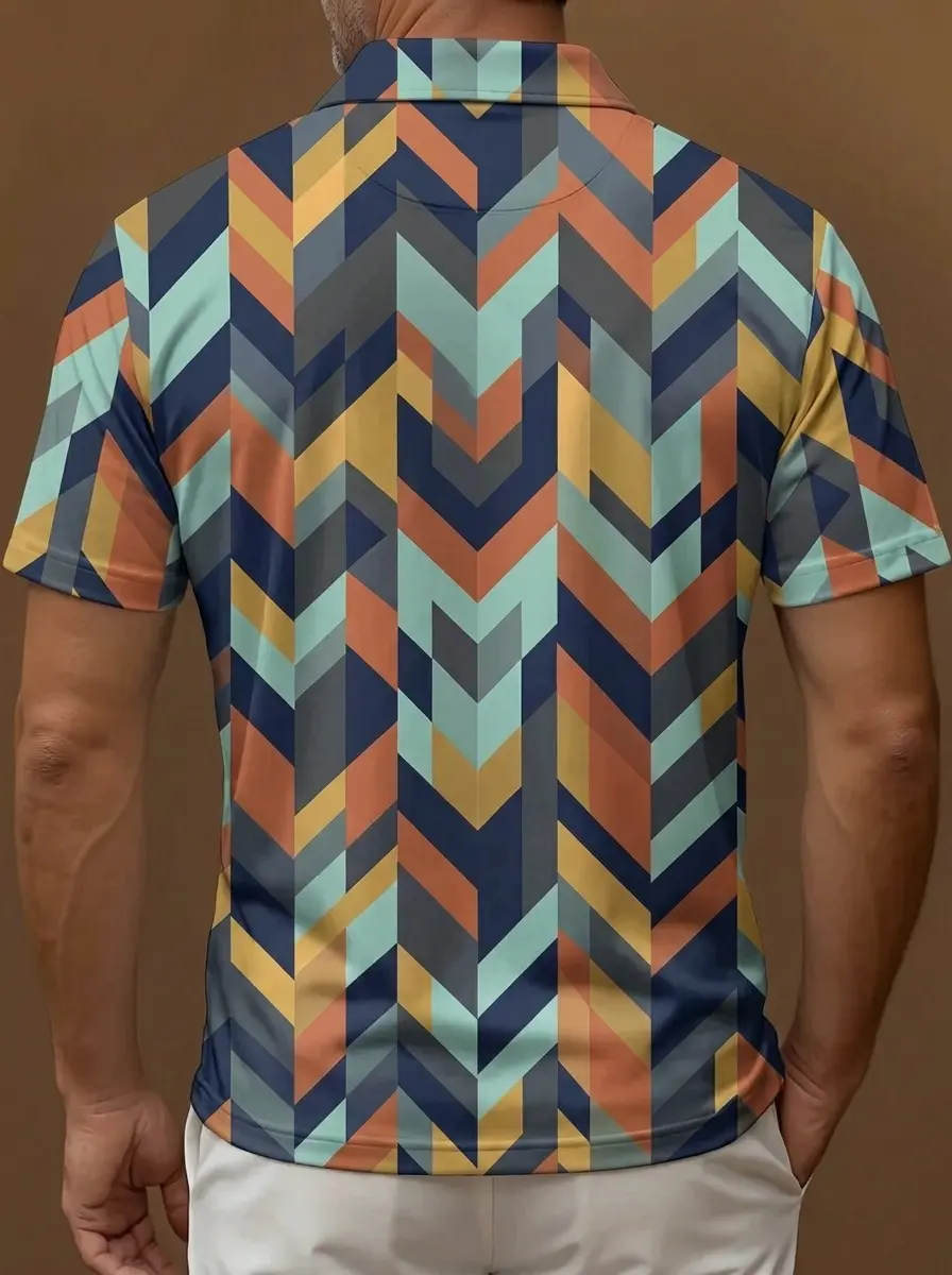 Retro Chevron Geometric Print Short Sleeve Golf Polo Shirt