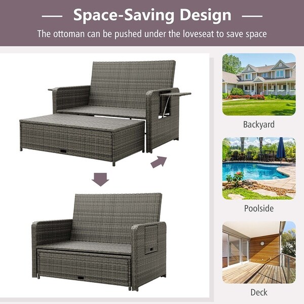 Costway Wicker Loveseat Sofa Set Patio Rattan Daybed with Ottoman and