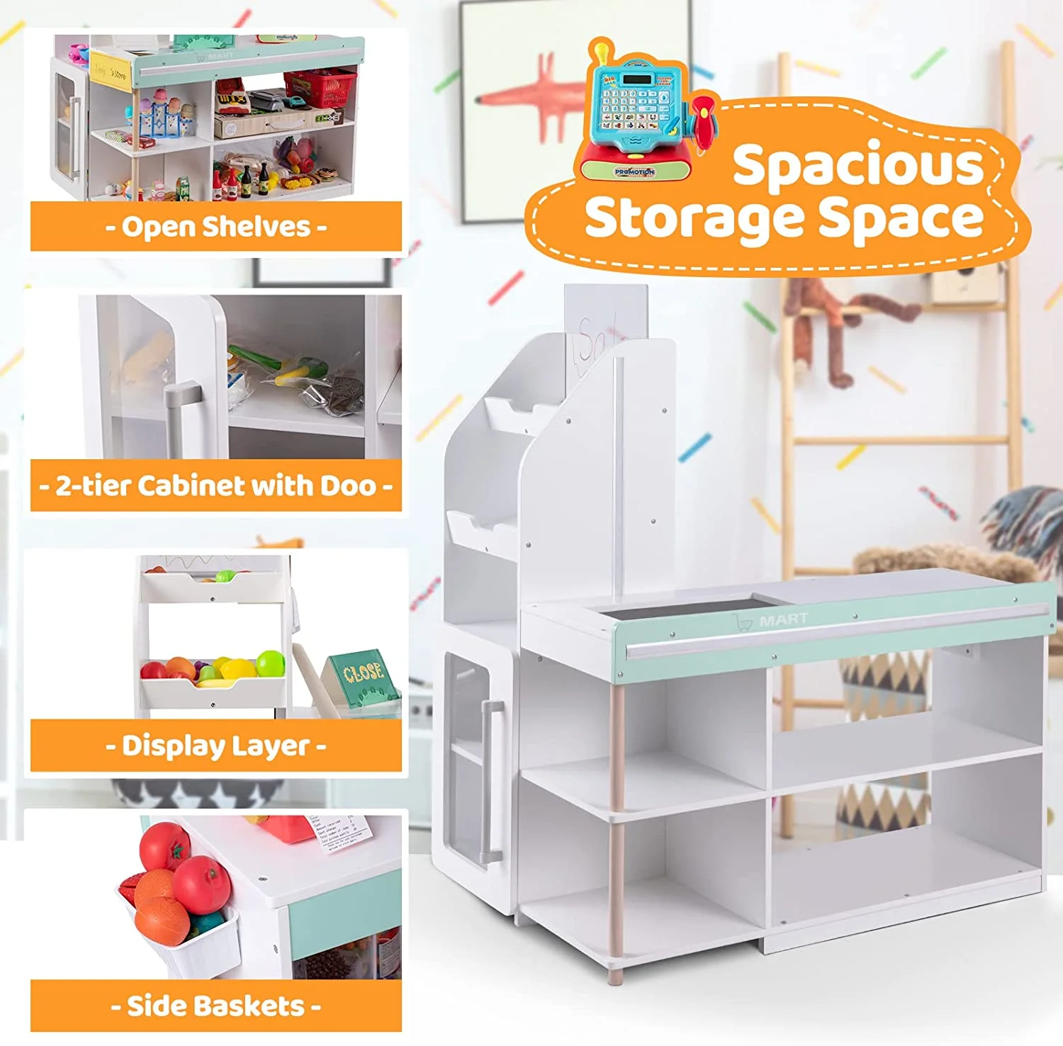 BRINJOY Grocery Store Pretend Play, Kids Play Store Wooden Market Stand with LED Lights&Acrylic Sheet, Supermarket Toy Includes Shopping Bag, Apron, Coupons, Cards for Children