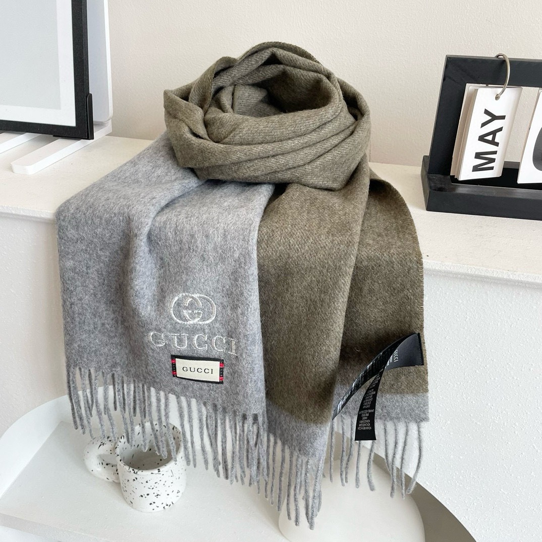 Gucci Cashmere Scarf Colorblock Gray Brown For Women 190cm