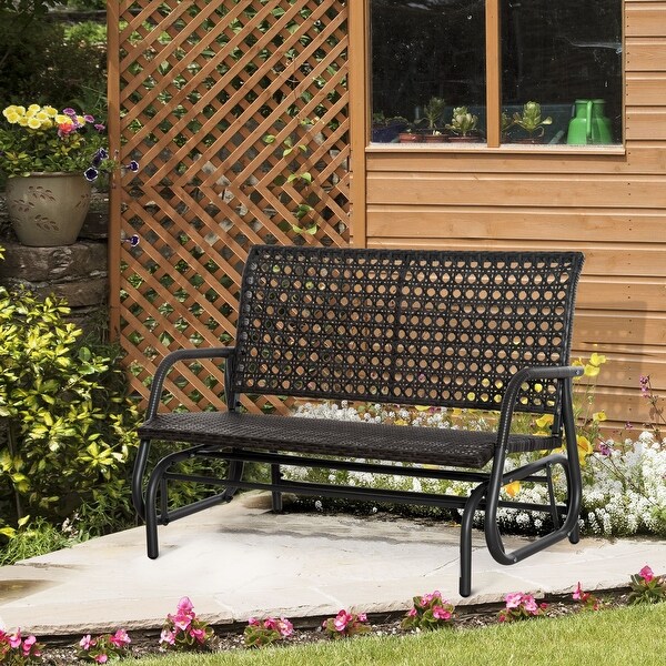 Outsunny 2Person Outdoor Wicker Glider Bench,Patio Garden PE Rattan Swing Loveseat Chair Rocking Bench,w/ Extra Wide Seat