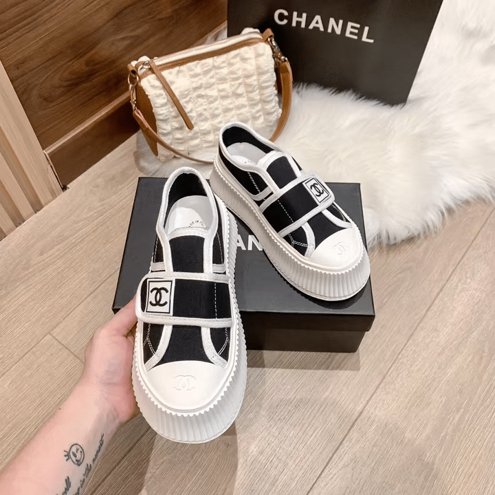 Chanel White Cc Cap Toe Slipon Sneaker Black