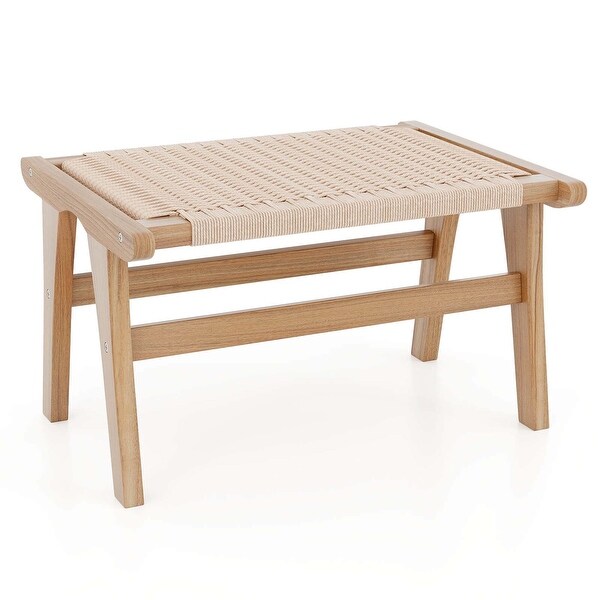 Costway Teak Wood Ottoman Footstool with Braided Rope for Living Room