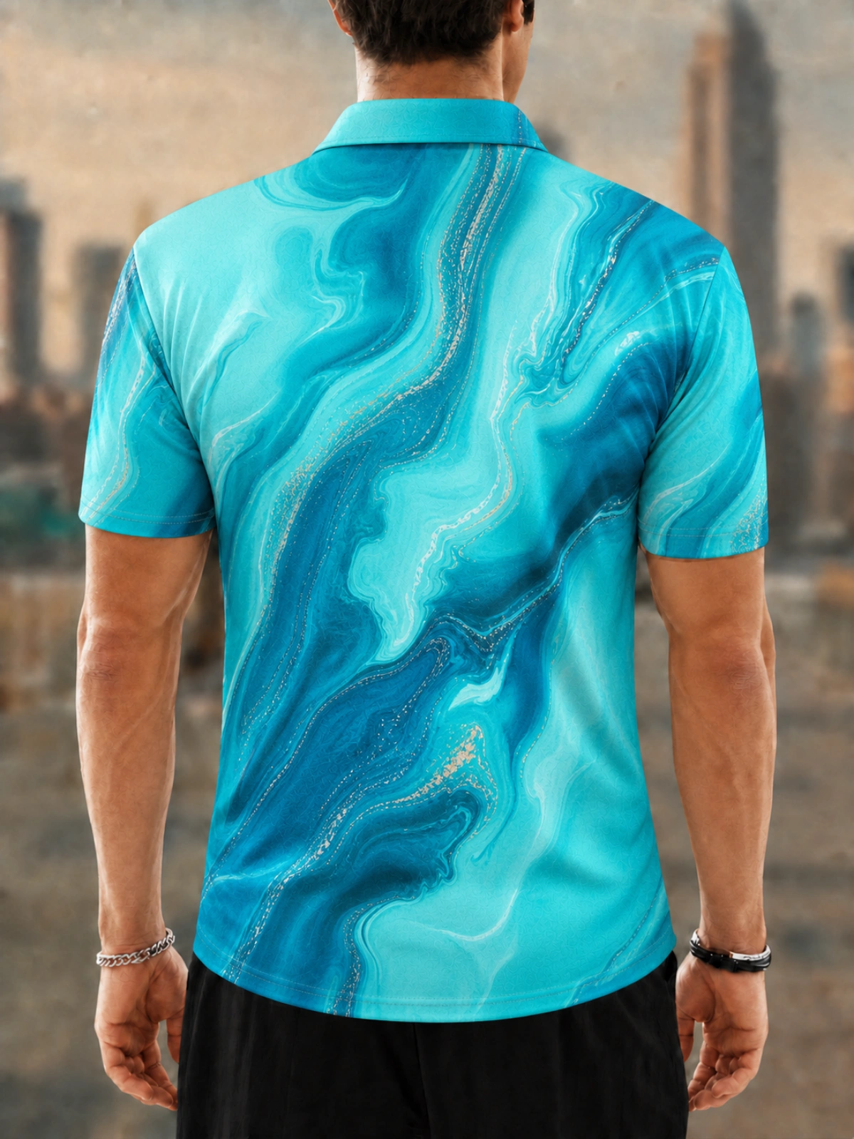 Moisture Wicking Golf Polo 3D Cyan Gold Marble Fluid Abstract Button Short Sleeve Golf Polo Shirt