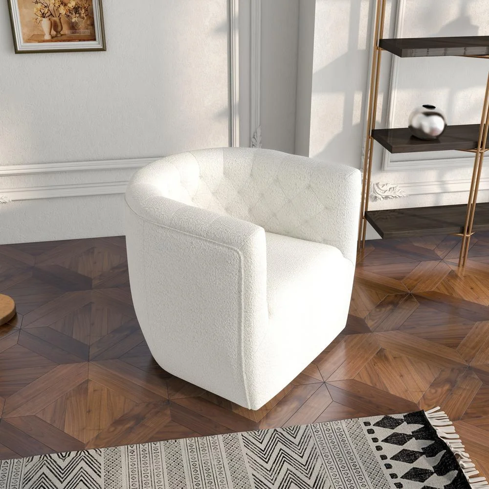 Lutton Modern Living Room Round Back Boucle Fabric Swivel Chair in Cream