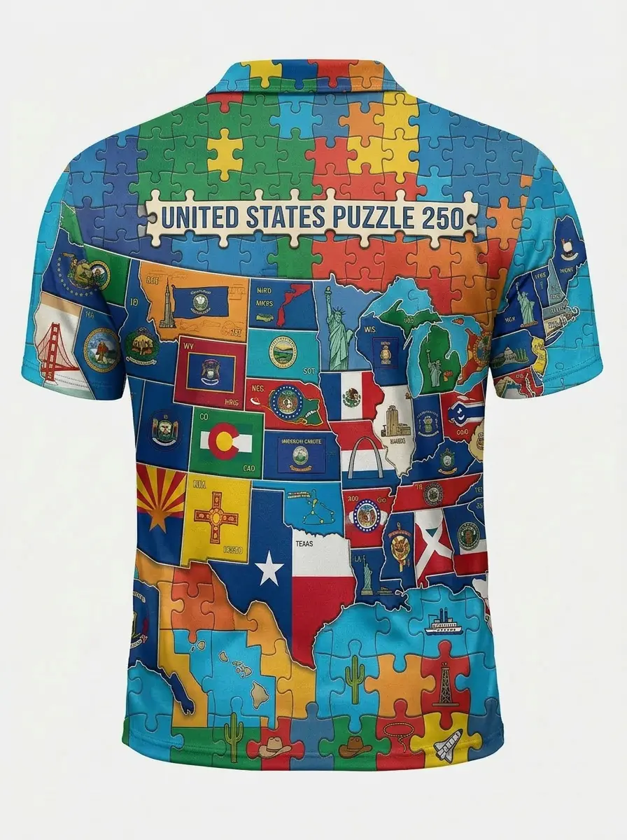 Moisture Wicking Golf Polo 3D United States Puzzle 250 Map Flag Button Short Sleeve Golf Polo Shirt