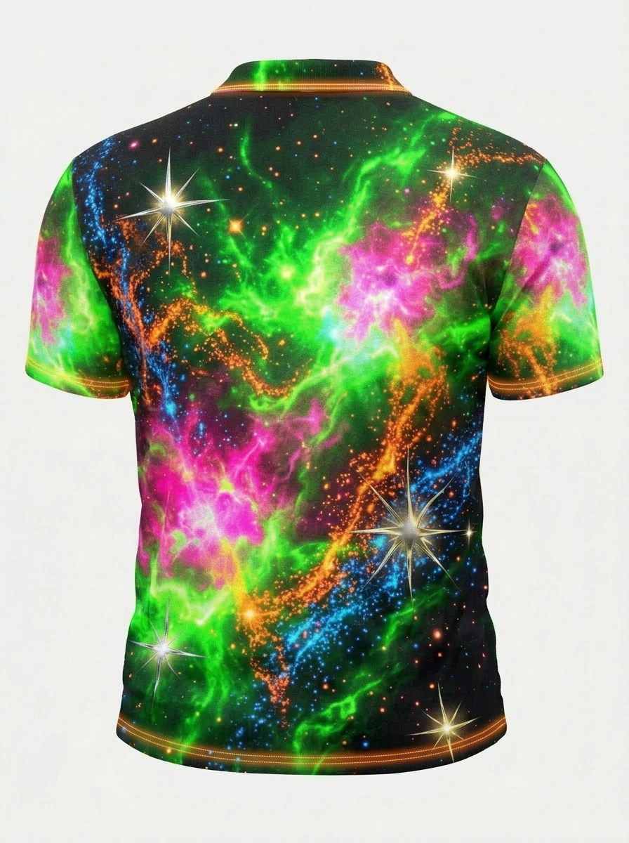 Moisture Wicking Golf Polo 3D Black Green Galaxy Nebula Button Short Sleeve Golf Polo Shirt