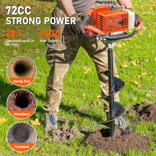 72CC Auger Post Hole Digger, 2 Stroke Gas Powered Earth Post Hole Digger with 2 Auger Drill Bits(6