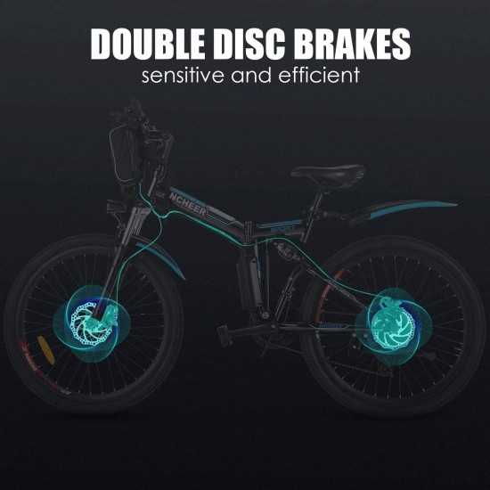 26” Folding Electric Bike, Commuting Ebike Electric Mountain Bike with 36V 8Ah Lithium-Ion Battery, Premium Full Suspension and 21 Speed Gears