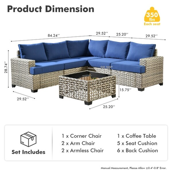 OVIOS 6 Pieces T shaped Seat Wide Armrest Set With SolarPowered Coffee Table