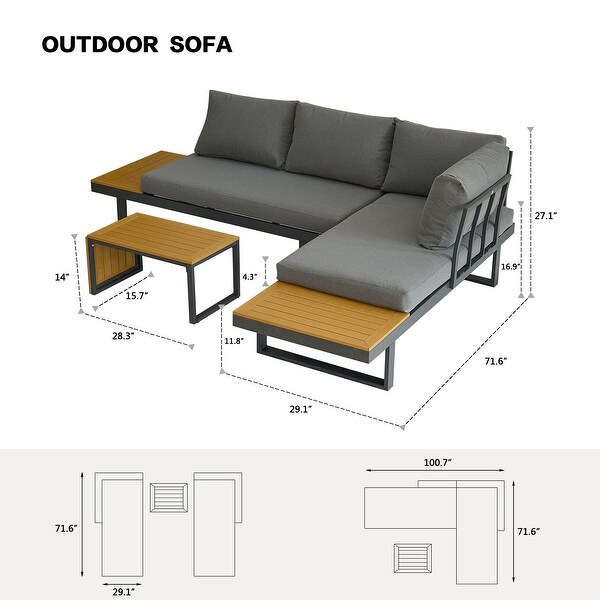 Lshaped Sectional Sofa 3pcs Allweather Aluminum Couch Furniture Set