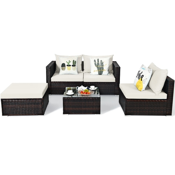 5PCS Patio Rattan Furniture Set Sectional Conversation Sofa w/ Coffee