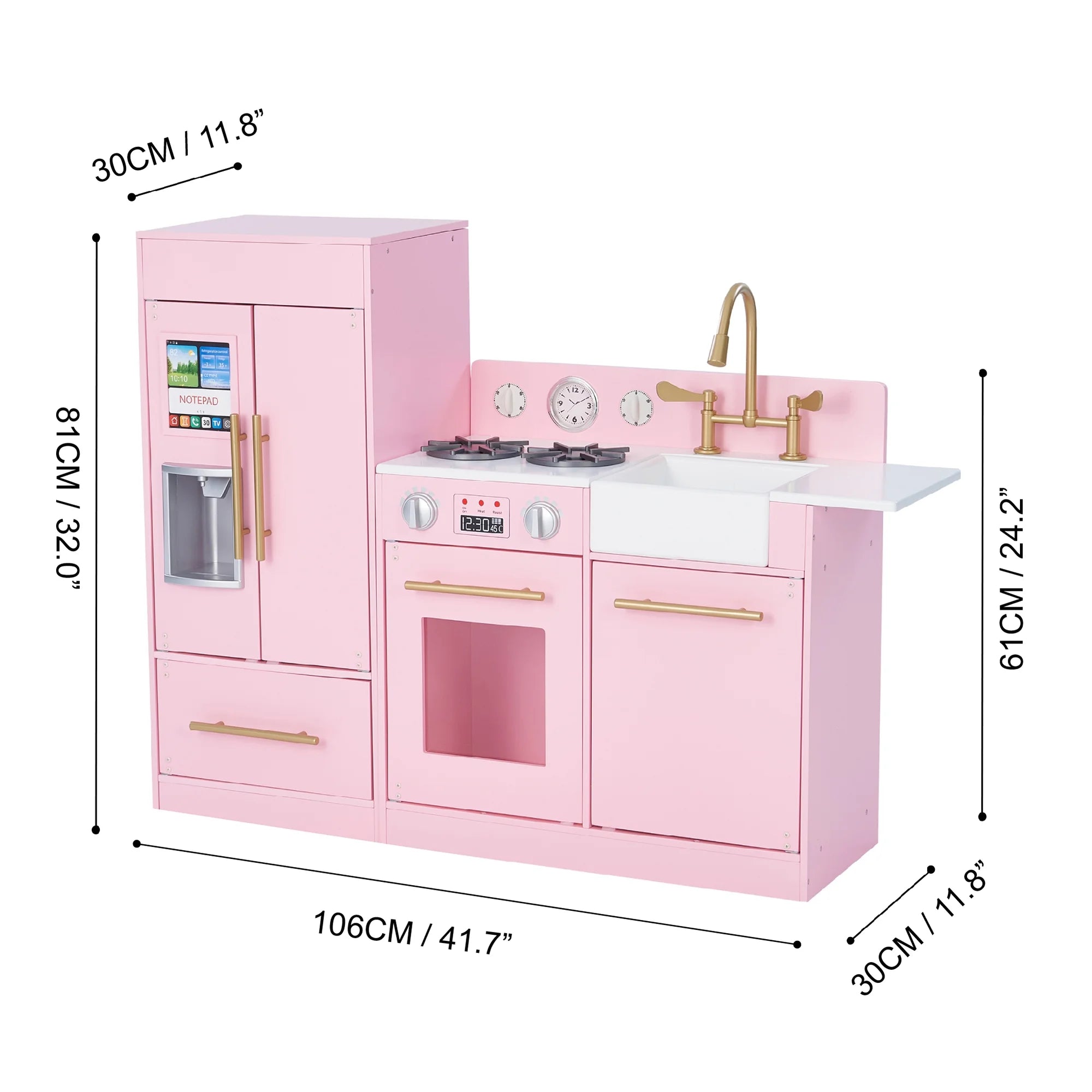 Teamson Kids Little Chef Charlotte Modern Play Kitchen with Free-Standing Refrigerator, Separate Kitchenette Unit, & Interactive Features, Pink