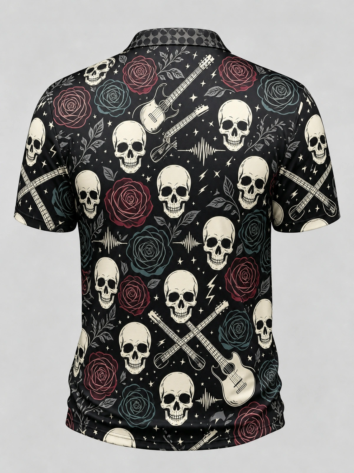 Moisture Wicking Golf Polo 3D Skull Rose Rock Guitar All Over Print Button Short Sleeve Golf Polo Shirt