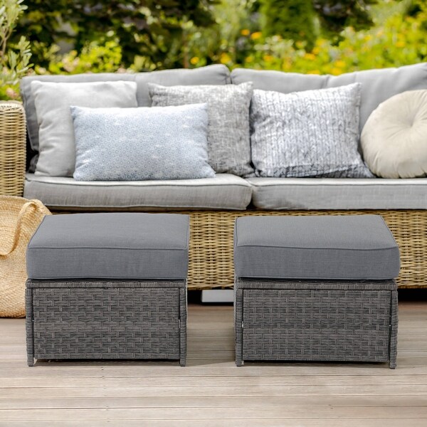 Patio 2 pieces Wicker Cushioned Ottoman