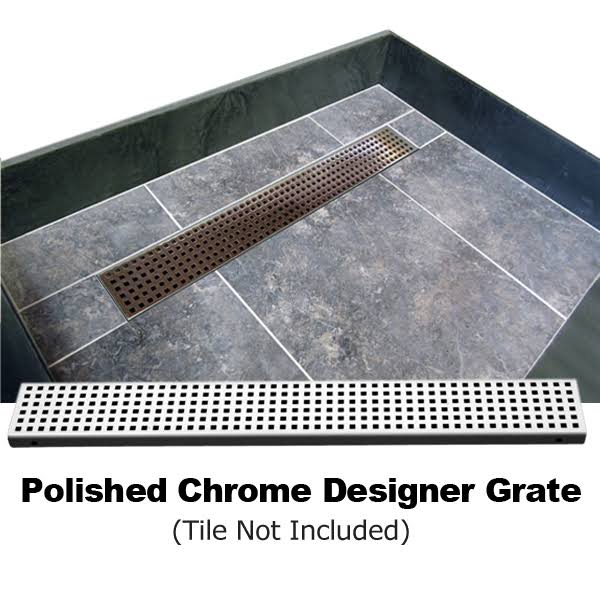 Tile Redi Double Threshold Shower Base with Center Trench Drain and Grate, Silver