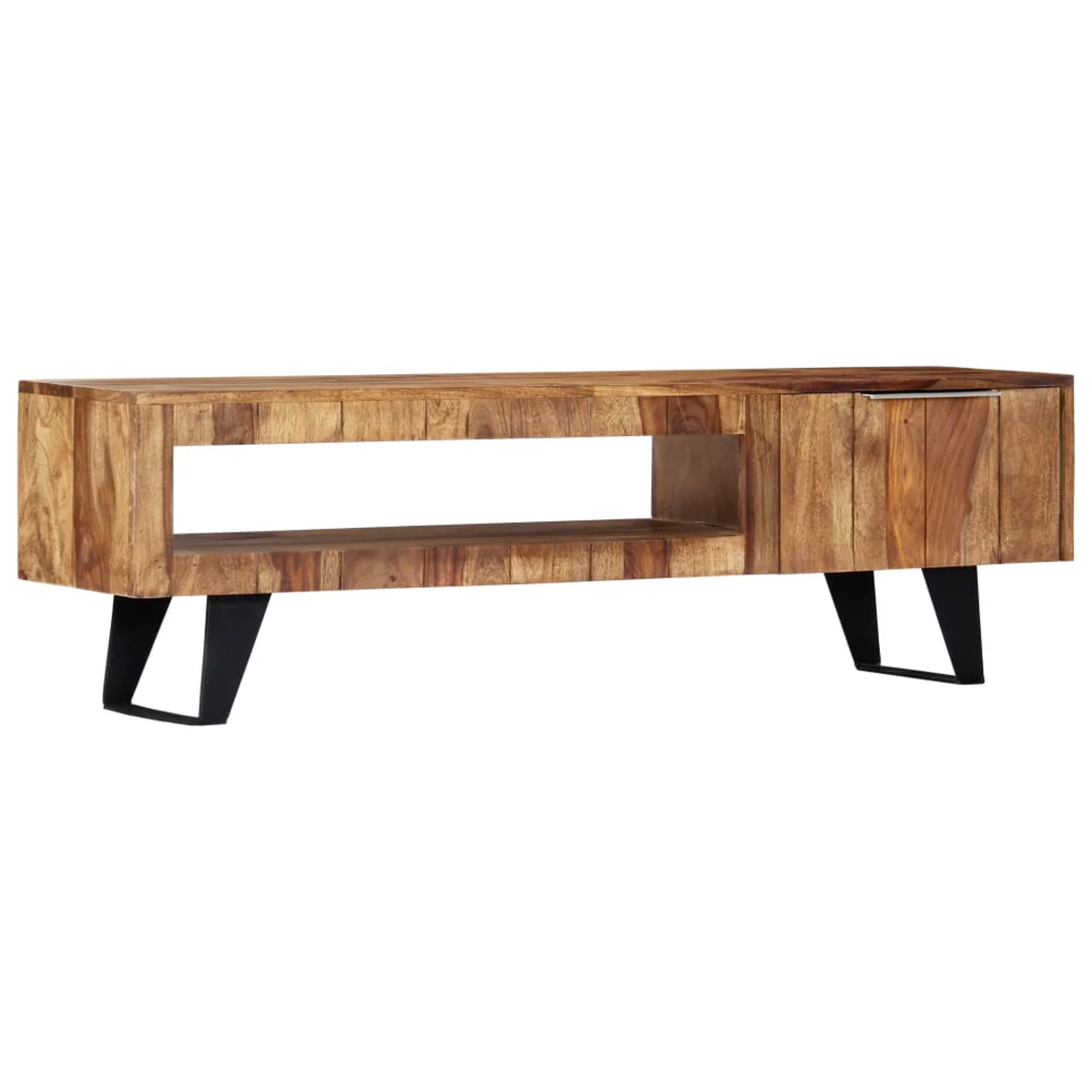 Dcenta TV Cabinet with Door and Compartment Sheesham Wood Television Stand Sofa End Table Steel Legs for Living Room Home Furniture 55.1 x 11.8 x1 5.7 Inches (L x W x H)