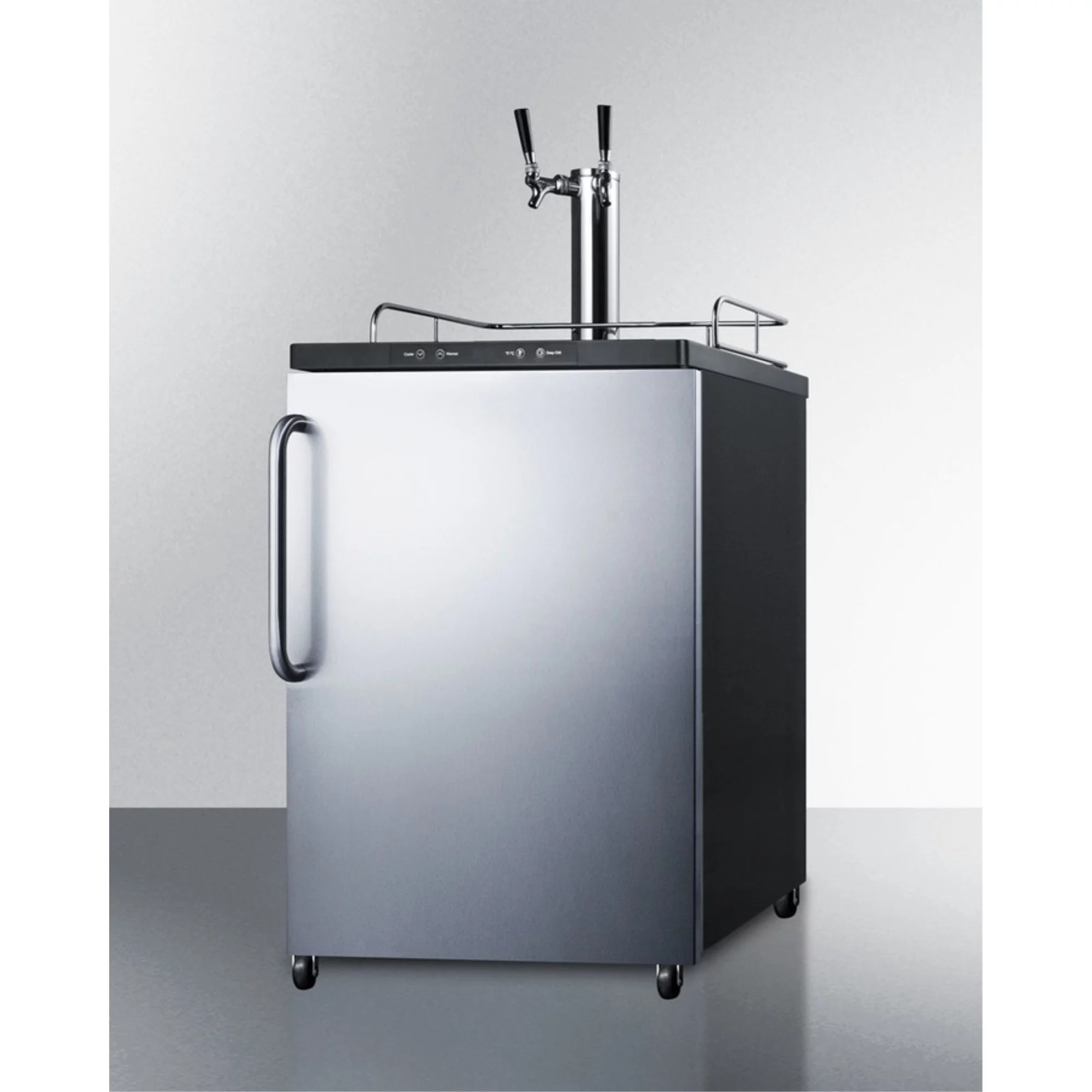Freestanding commercially listed dual tap beer dispenser, auto defrost with digital thermostat, stainless steel door, towel bar handle, and black cabinet