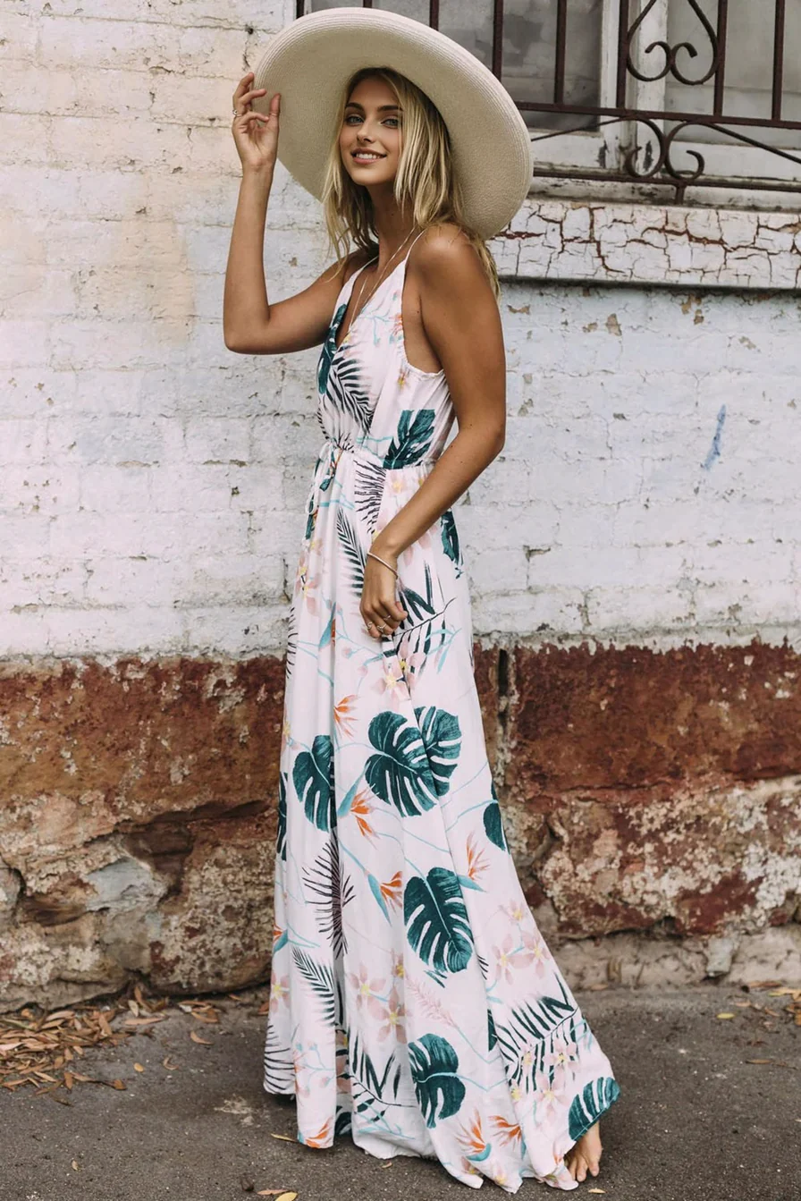 Plunging Neck Tropical Print Maxi DressClistos
