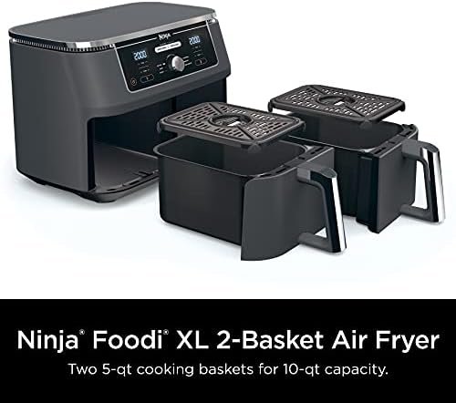 10 Quart 6-in-1 DualZone XL 2-Basket Air Fryer with 2 Independent Frying Baskets, Match Cook & Smart Finish to Roast, Broil, Dehydrate for Quick, Easy Family-Sized Meals, Grey