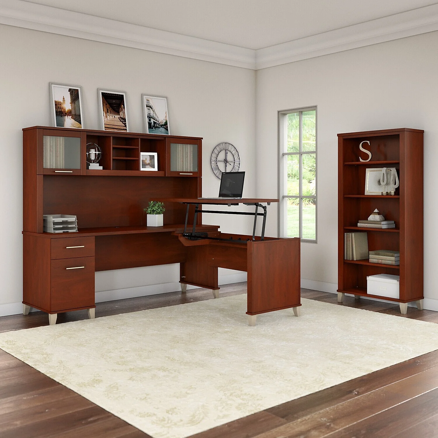 Maykoosh Coastal Craftsman Elegance 72W 3 Position Sit To Stand L Shaped Desk With Hutch And Bookcase In Storm Gray