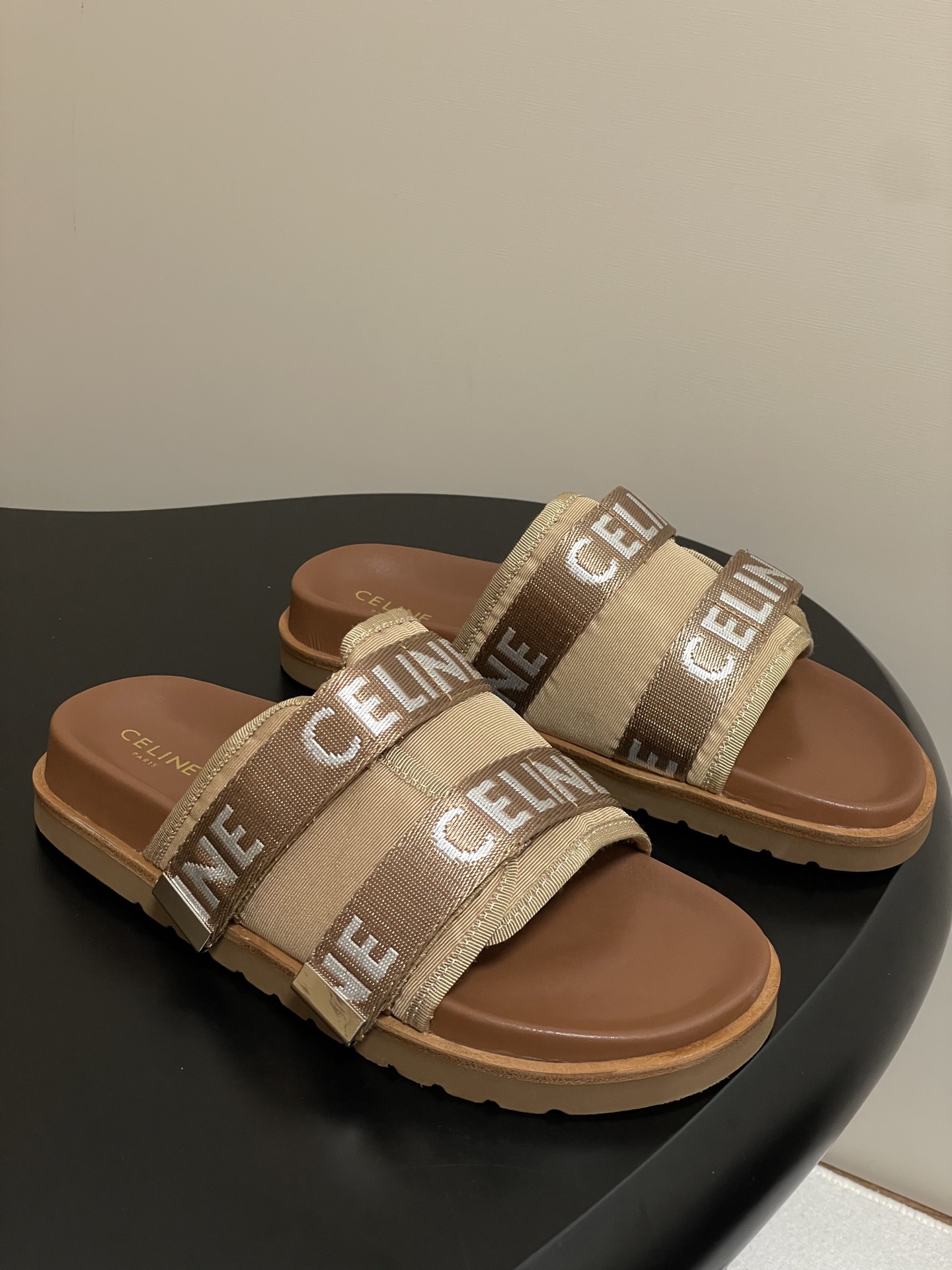 Celine retro platform thick-soled letter logo webbing slippers - cnluxepick