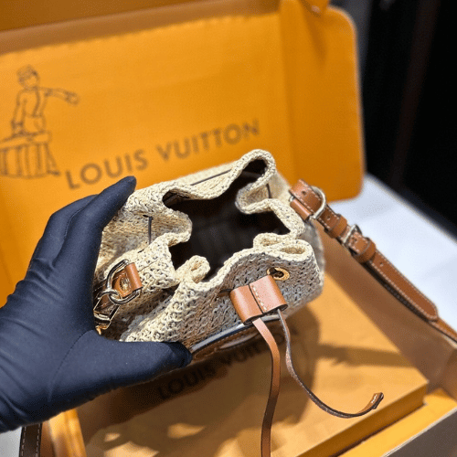 Louis Vuitton Noé Purse Raffia Woven Mini Bucket Bag Brown 7.5 Inches