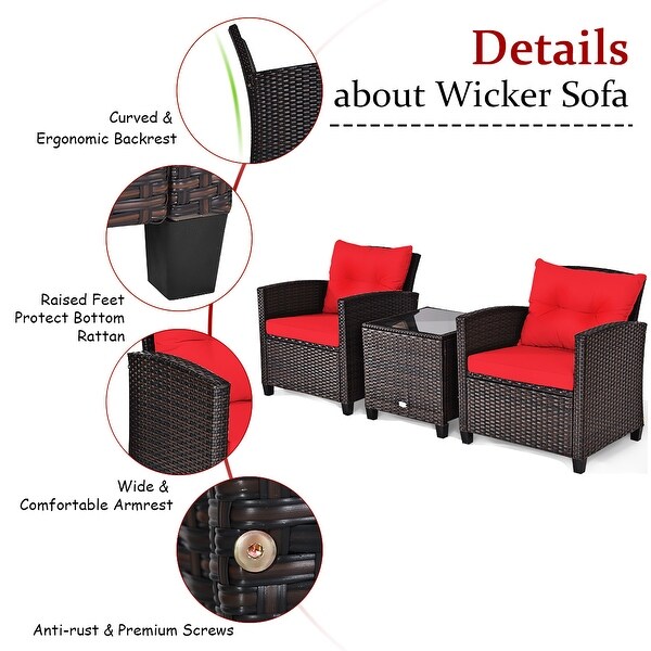 Costway 3PCS Patio Rattan Furniture Set Cushioned Conversation Set