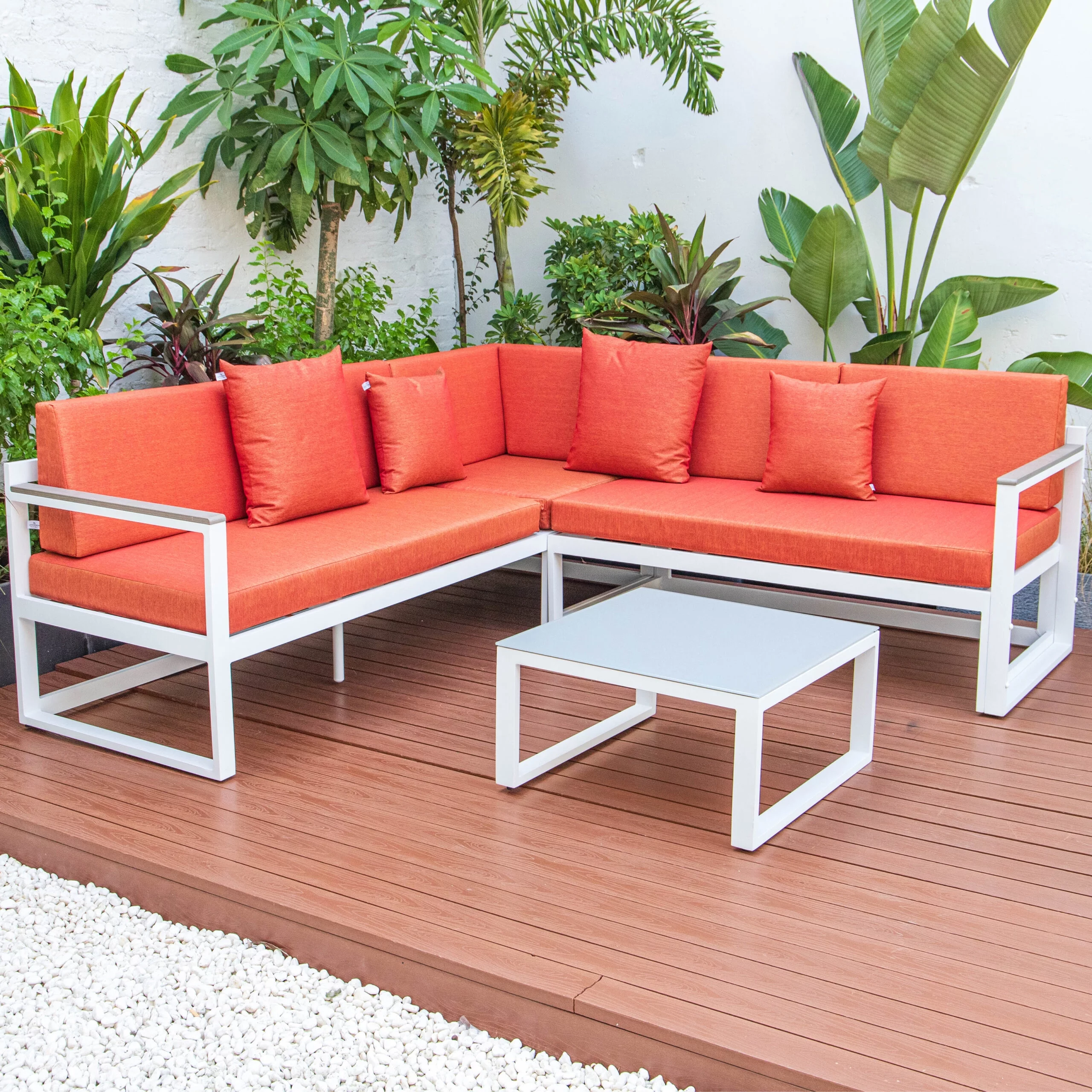 LeisureMod Chelsea White Sectional With Adjustable Headrest & Coffee Table With Cushions