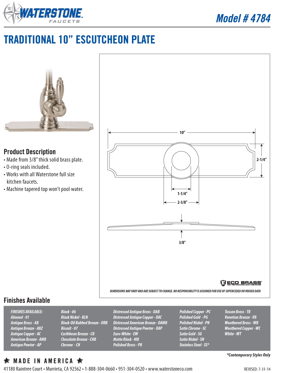 Waterstone 4784-DAP Traditional 10x22 Escutcheon Base Plate Distressed Antique Pewter